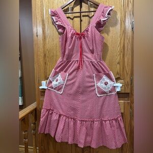 Joseph Ribkoff, 1960’s-70’s boho vintage red &white gingham prairie style dress